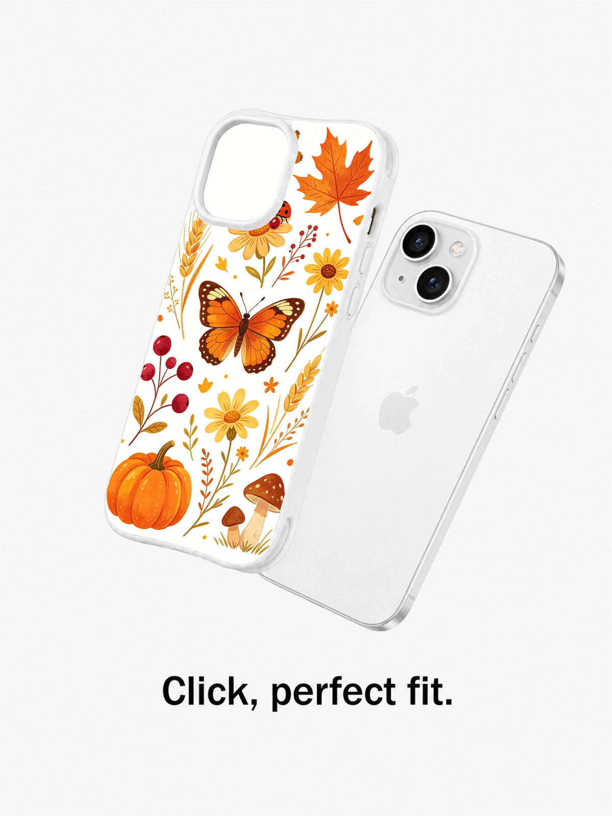 Butterfly Harvest Meadow: Separate illustrated case floating beside a rear phone view.