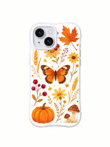 Butterfly Harvest Meadow: Straight rear view with an orange butterfly centered between flowers, a pumpkin, red berries and mushrooms.