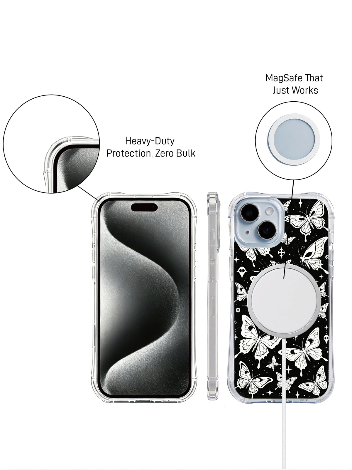 Butterfly of the Hollow Night iPhone 15 Plus case front and rear detail view