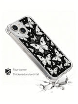 Black and white butterfly iPhone 15 Plus case in angled product scene
