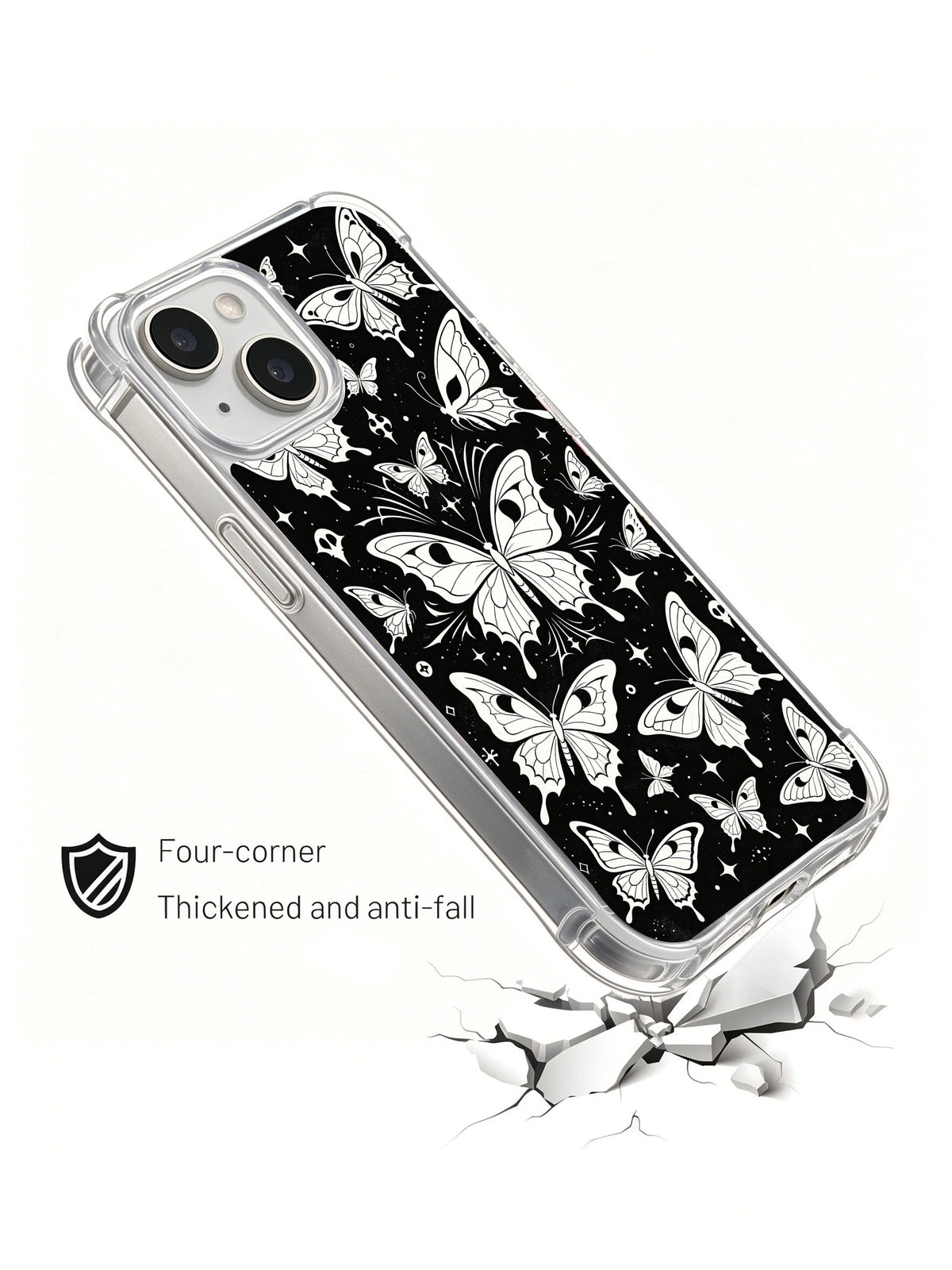 Black and white butterfly iPhone 15 Plus case in angled product scene