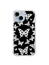 Phantom Wing Swarm black and white butterfly pattern on iPhone 15 Plus case