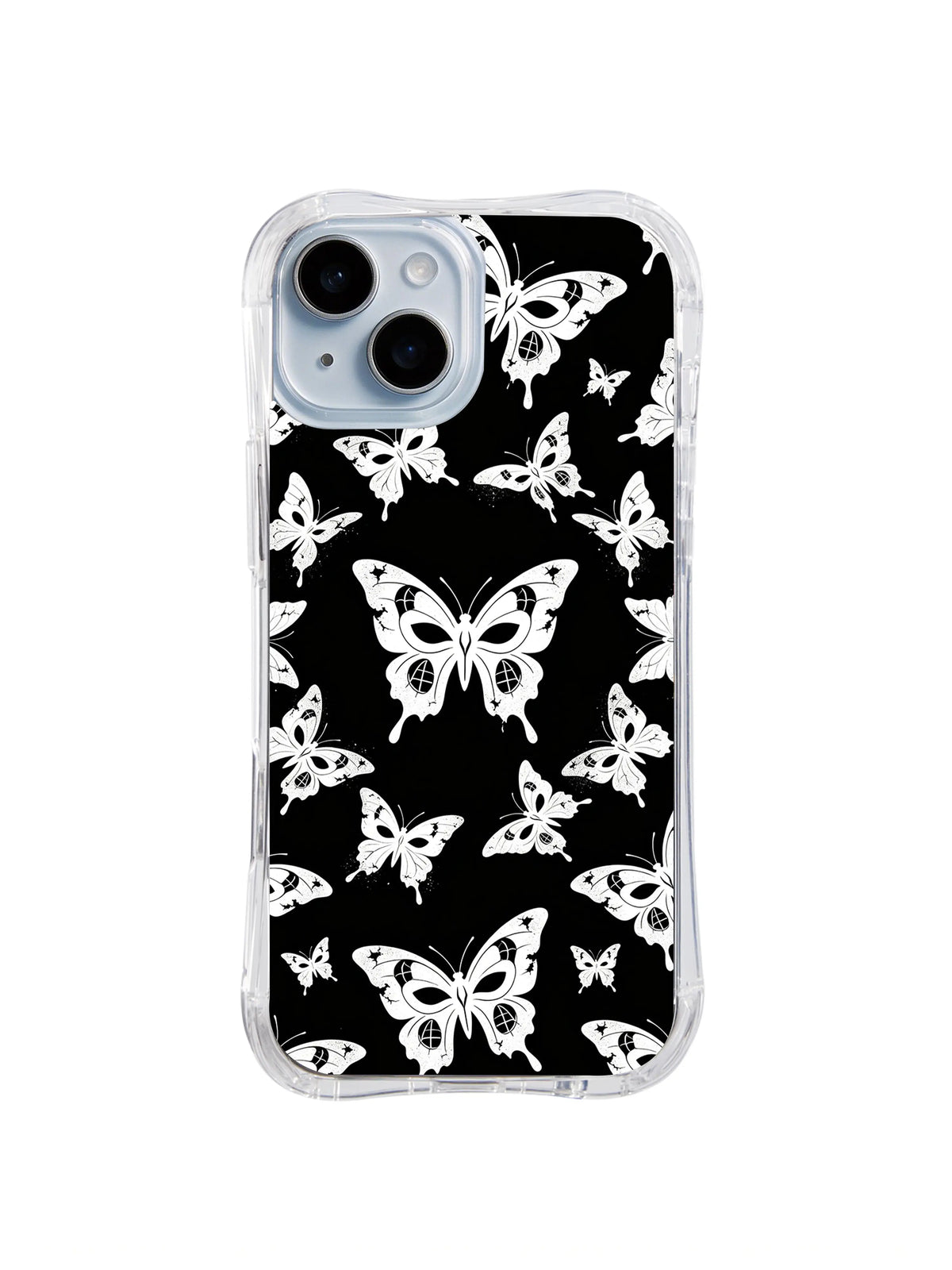 Phantom Wing Swarm black and white butterfly pattern on iPhone 15 Plus case