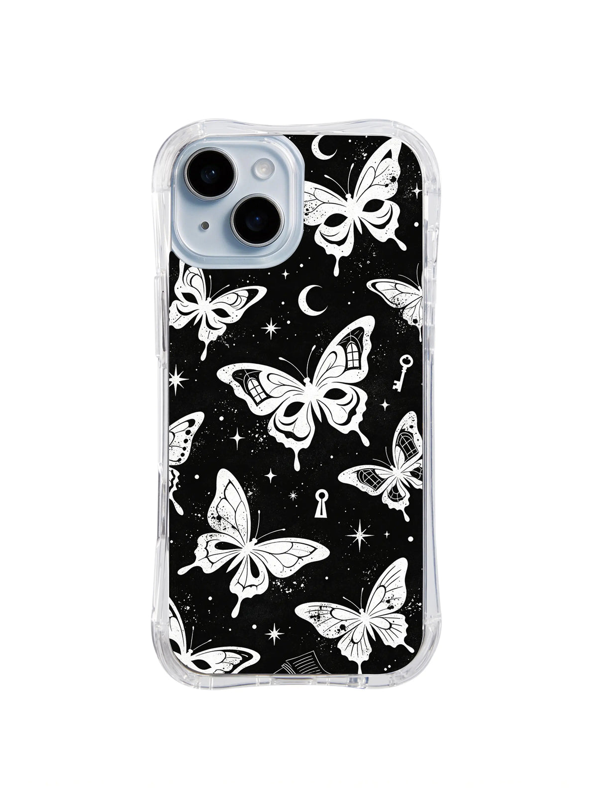 Starlit Keywing Flight butterfly and key artwork on black iPhone 15 Plus case