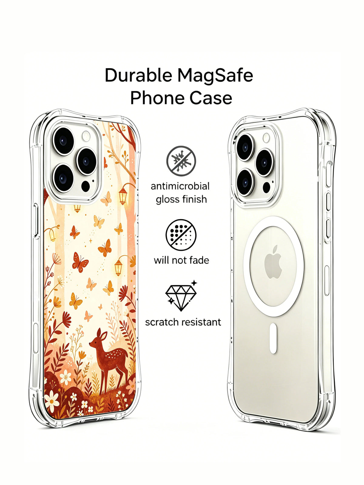 Butterfly Lantern Grove: Tanıtım düzeninde desenli kılıf ve ikinci arka telefon görünümü.