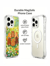 Bear butterfly and wildflower artwork detail on iPhone 14 Pro Max case