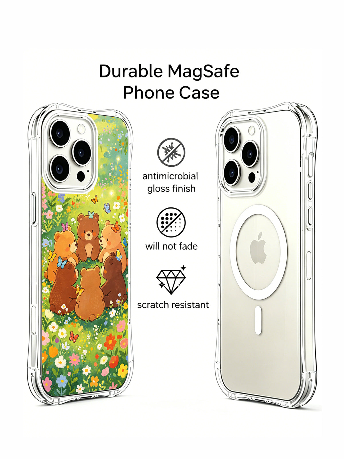Bear butterfly and wildflower artwork detail on iPhone 14 Pro Max case