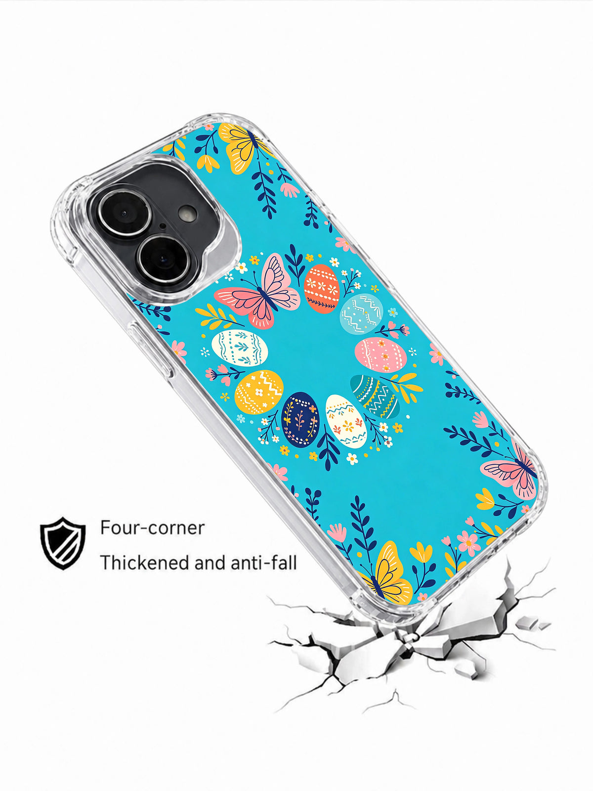 Butterfly Meadow Easter: Angled illustrated case above a drawn cracked surface.