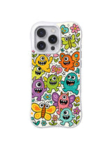 Butterfly Monster Garden: Colorful smiling monsters mingle with butterflies and flowers on white.