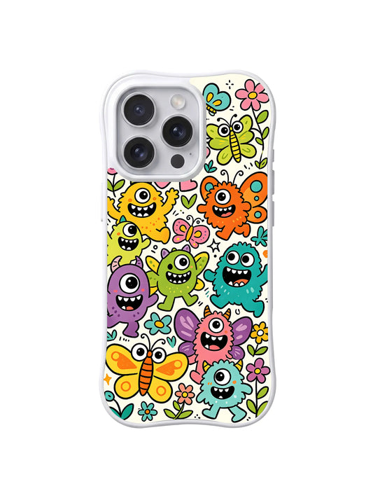 Butterfly Monster Garden: Renkli gülümseyen canavarlar beyaz zeminde kelebekler ve çiçeklerle karışır.