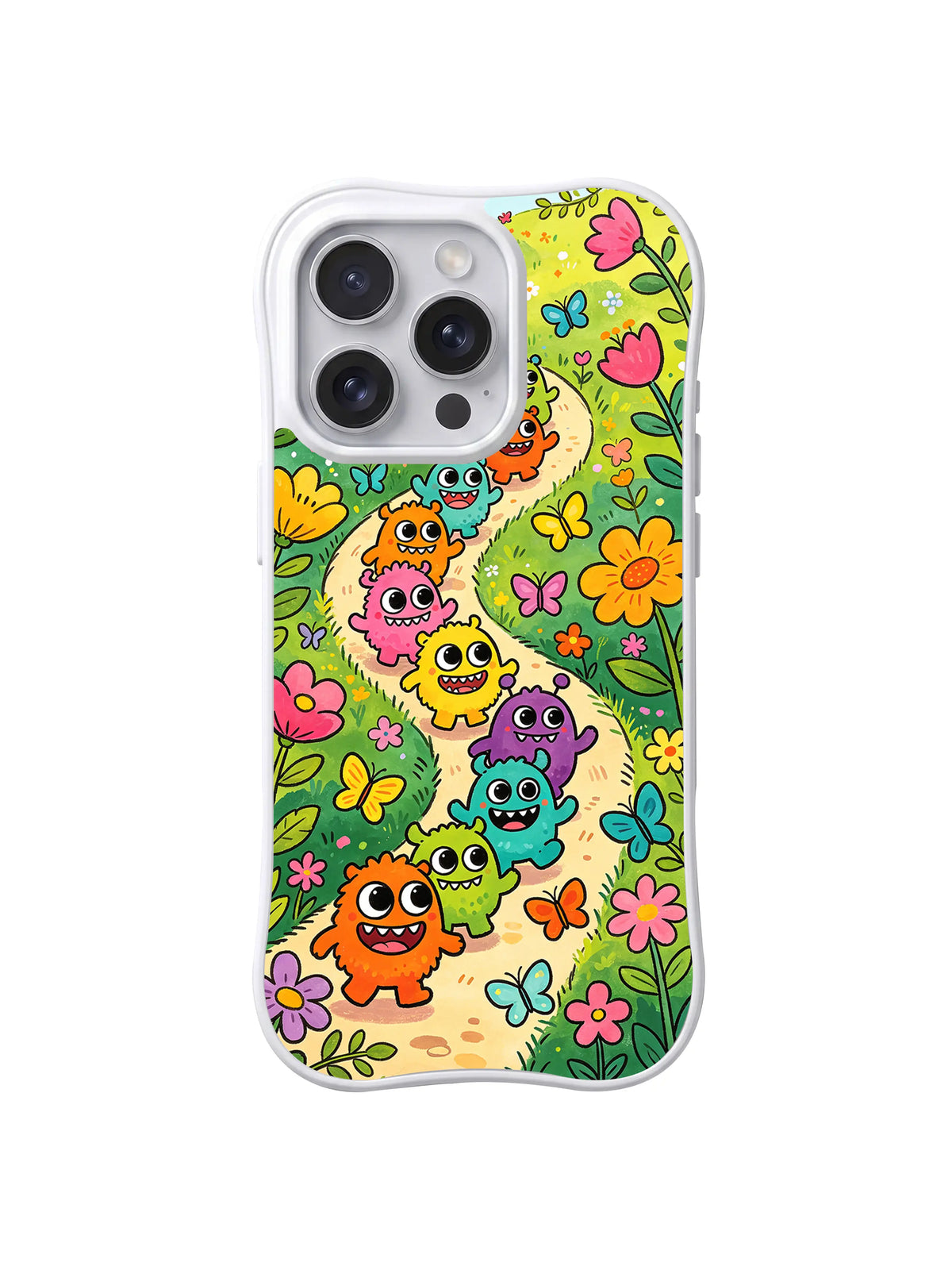 Meadow Parade Path: Small monsters follow a green path through bright flowers and butterflies.