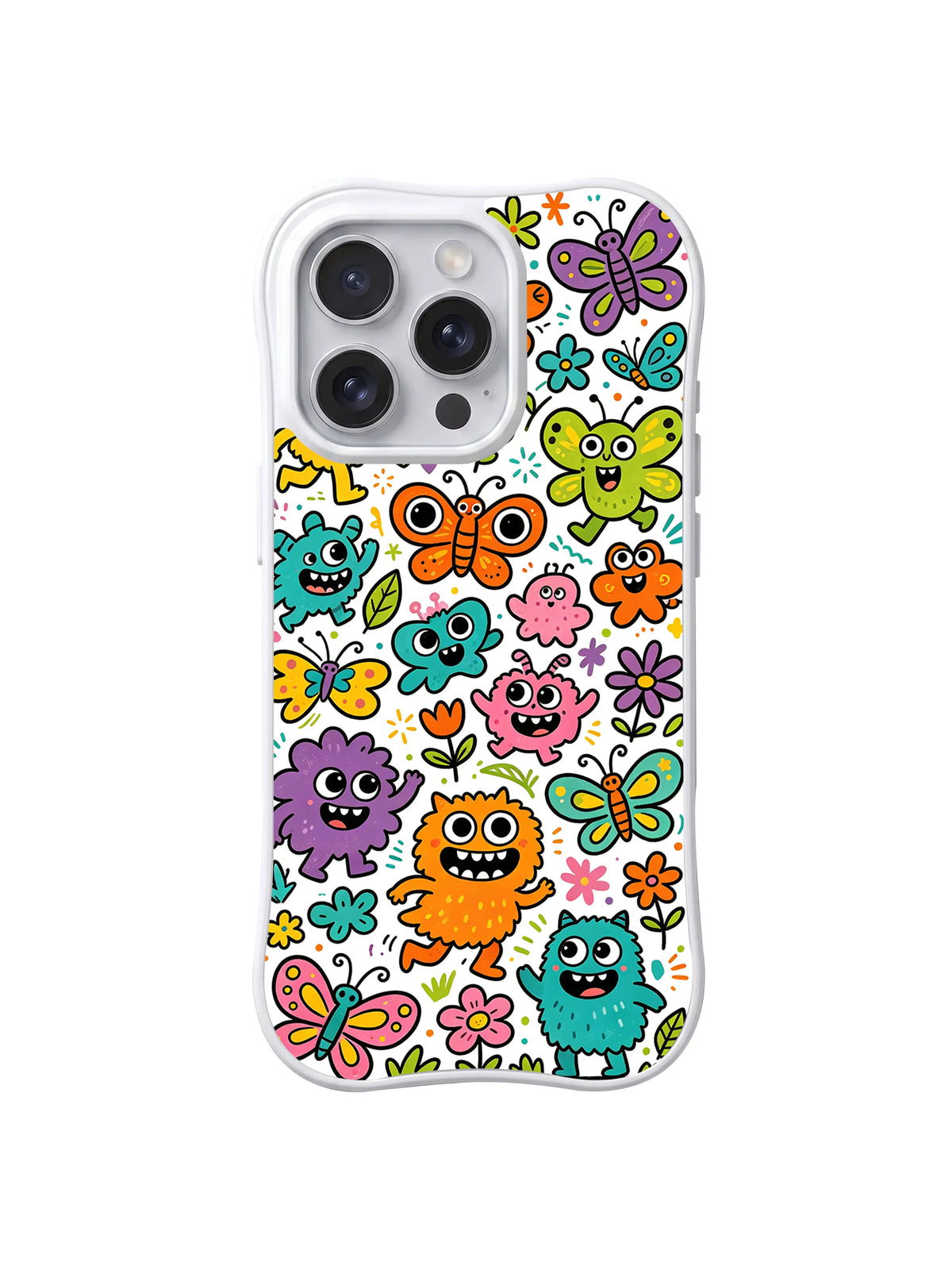 Flutter Creature Crowd: One-eyed monsters, butterflies and flowers form a dense bright pattern.