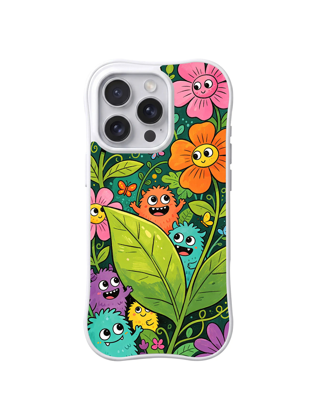 Giant Flower Hideout: Small monsters peek through oversized leaves and smiling flowers.