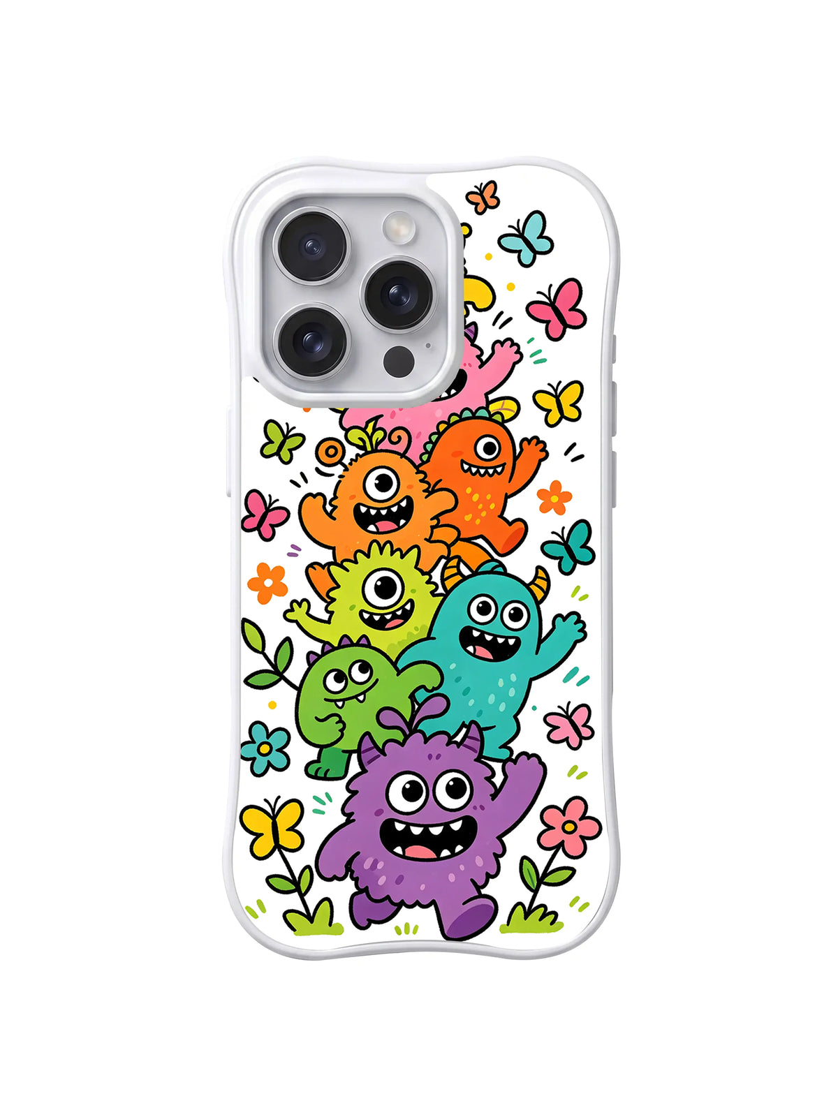 Butterfly Chase Crew: A vertical line of colorful monsters reaches toward scattered butterflies.