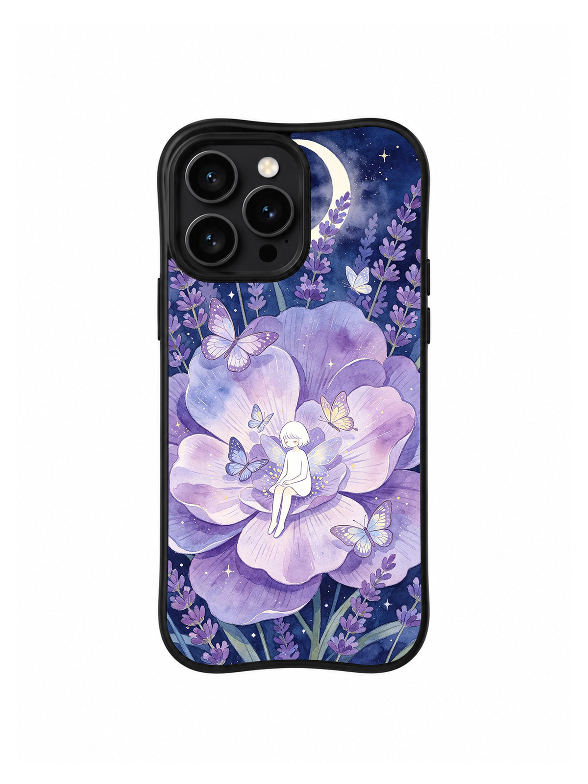 Butterfly Moon Garden: A seated figure in a broad purple flower, with butterflies and a crescent near the top.