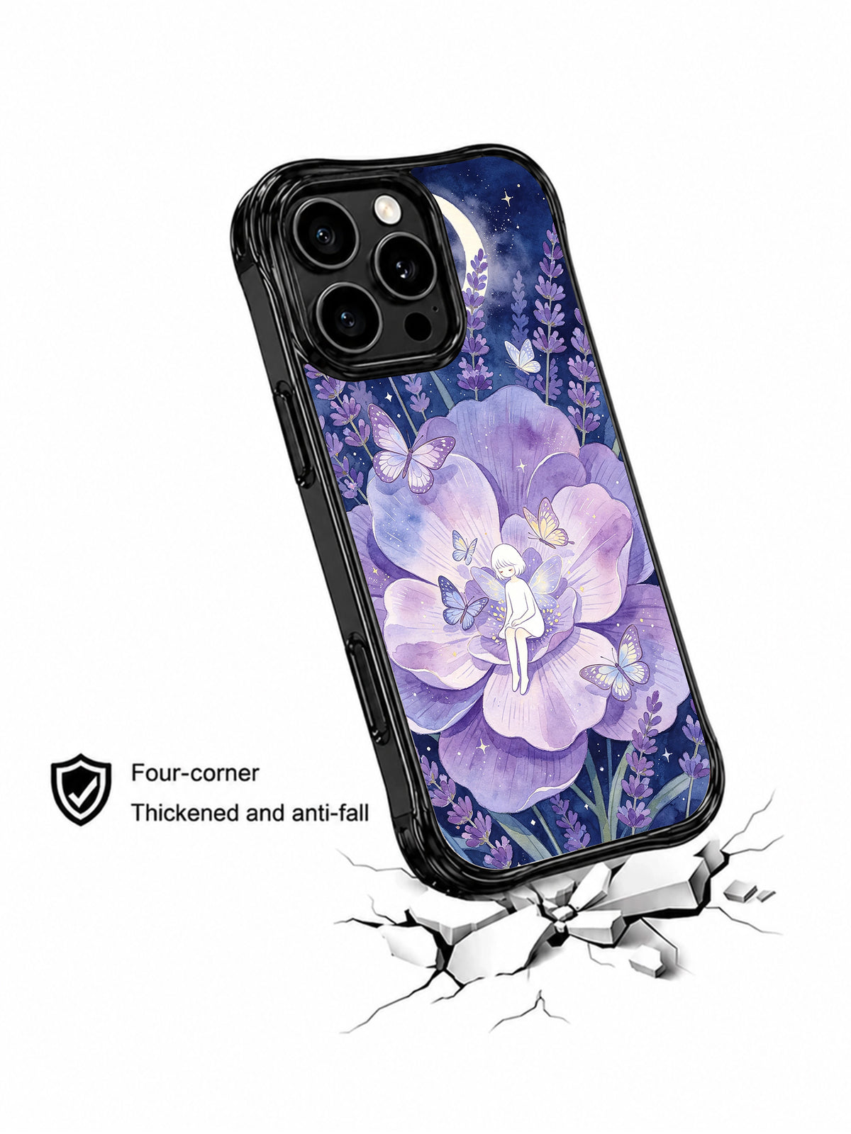 Butterfly Moon Garden: Angled illustrated case above a drawn cracked surface.