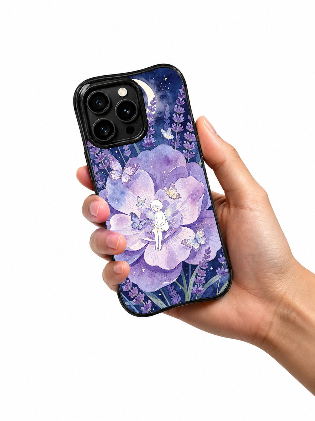 Butterfly Moon Garden: Hand holding the case with its illustrated back facing outward.