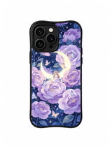 Butterfly Moon Garden / Moonlit Rose Dream: Lavender roses clustered around a large yellow crescent and a tiny figure.