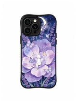 Butterfly Moon Garden / Lavender Fairy Moon: A seated figure in a broad purple flower, with butterflies and a crescent near the top.