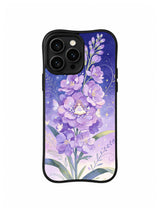 Butterfly Moon Garden / Starlit Blossom Story: A tall purple flower stem, a tiny seated figure and star marks over a pale lower background.