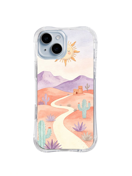 Desert Sun Pass: A pale winding path crosses a peach desert with cacti, purple mountains and a smiling sun.