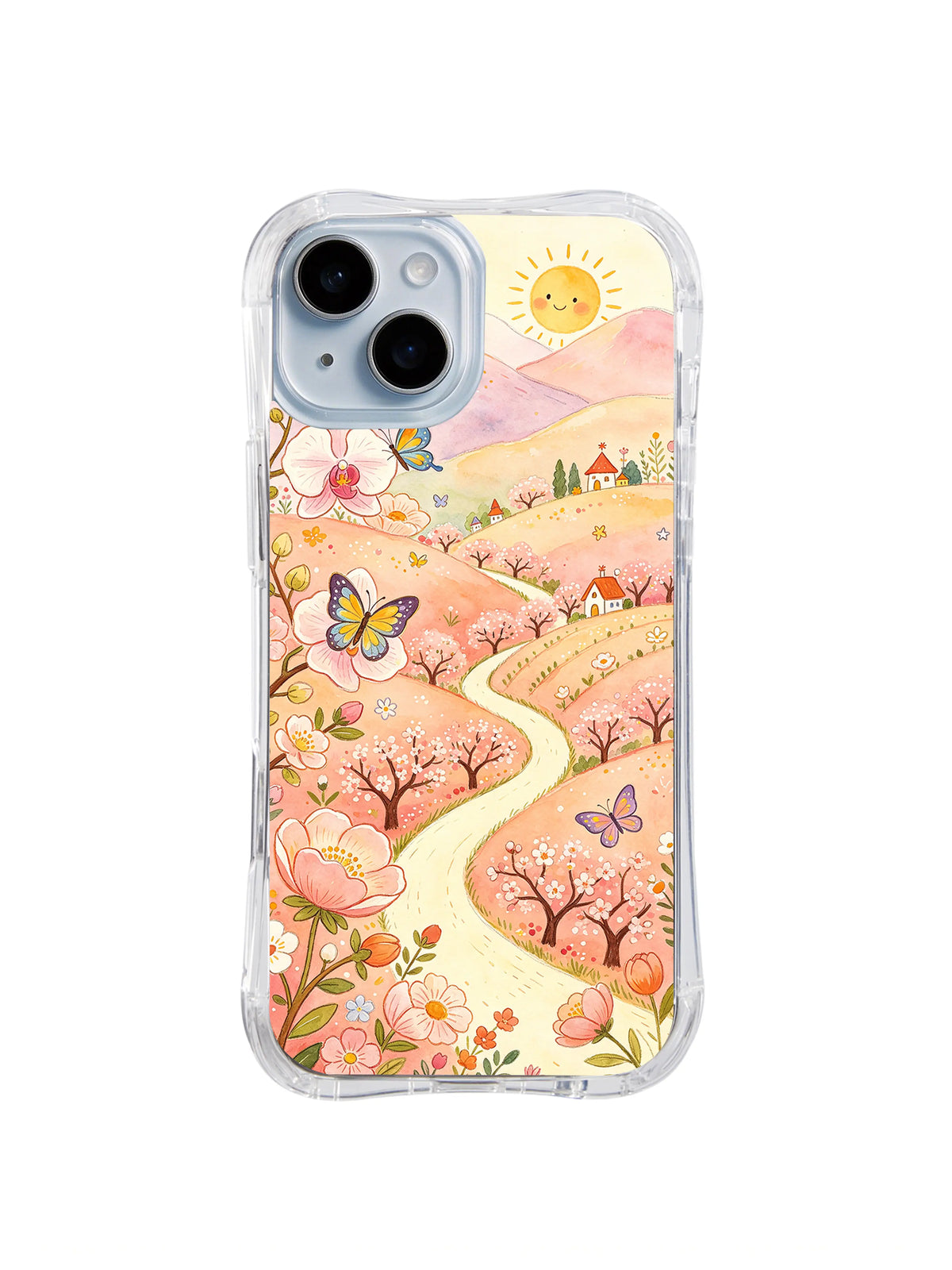 Peach Butterfly Orchard: A cream path winds through peach blossom trees, butterflies, flowers and small cottages.