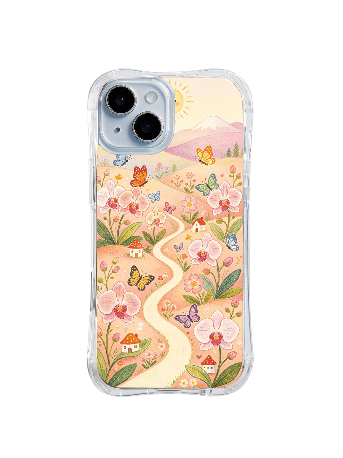 Blossom Butterfly Village: A peach path crosses pink flower fields with butterflies, distant hills and tiny houses.