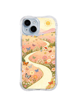 Sunlit Butterfly Meadow: A cream path curves across a sunny flower meadow filled with small butterflies.