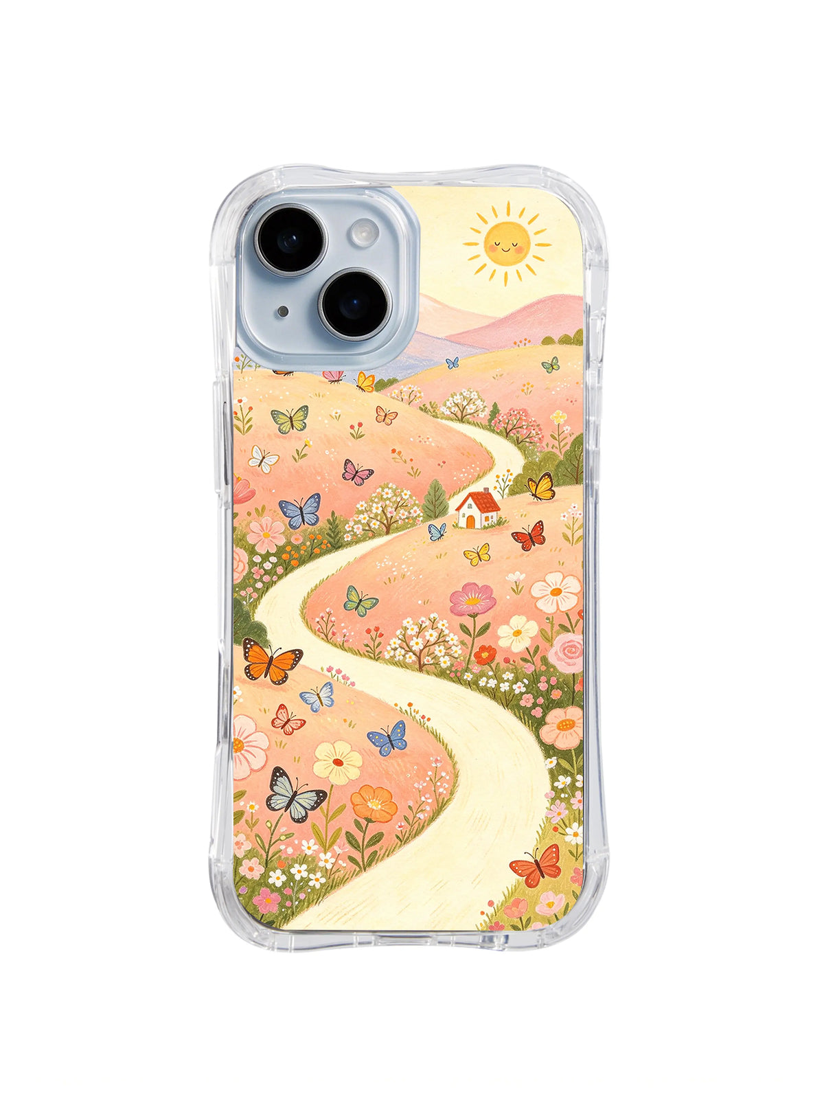 Sunlit Butterfly Meadow: A cream path curves across a sunny flower meadow filled with small butterflies.
