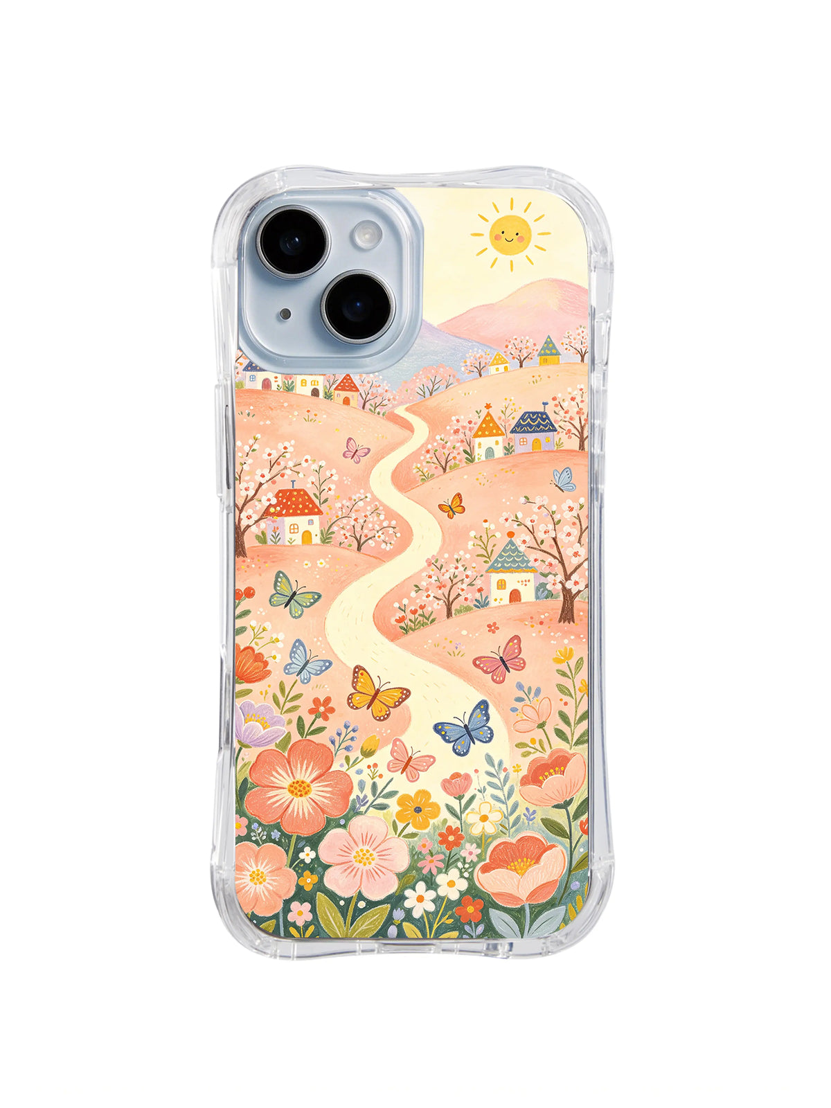 Apricot Orchard Village: A peach path leads through apricot fields, colorful flowers, butterflies and patterned cottages.