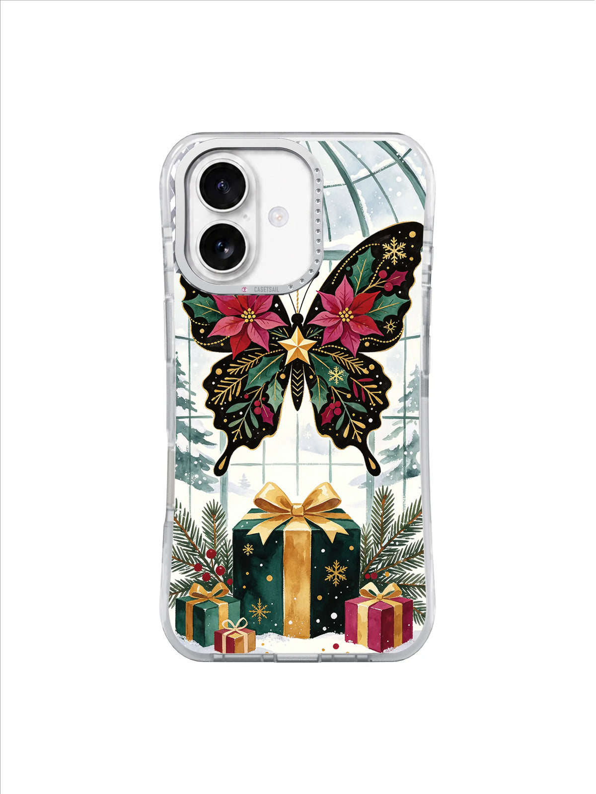 Butterfly Ornament Conservatory case with black botanical wings above an emerald and gold gift