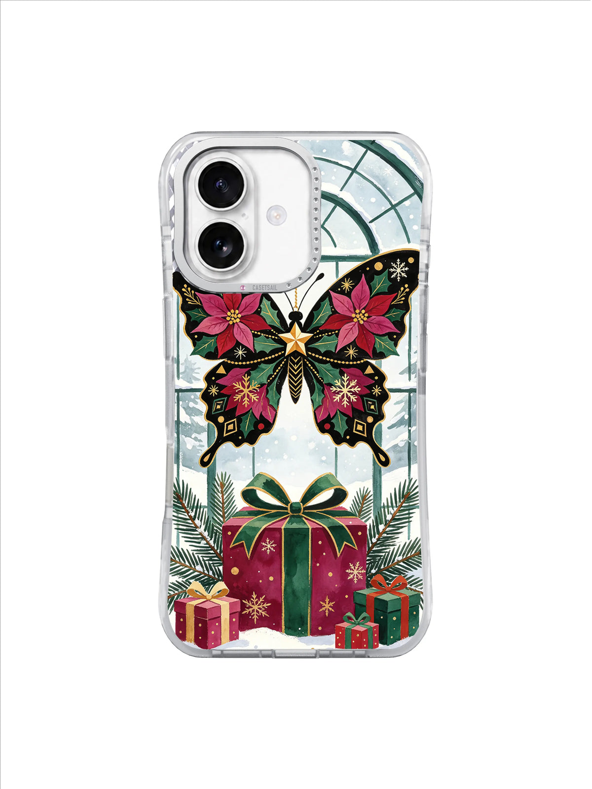 Floral butterfly ornament iPhone 17 case with magenta petals, holly leaves and snowflake details