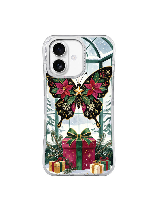 Butterfly Ornament Conservatory iPhone 17 case with poinsettia wings, golden star and wrapped gifts