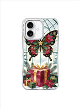 Botanical butterfly iPhone 17 case with poinsettia petals, gold thread and a cream conservatory backdrop