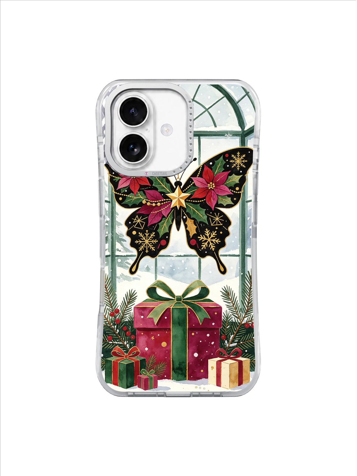 Winter conservatory iPhone 17 case with symmetrical butterfly ornament, pine branches and red gifts