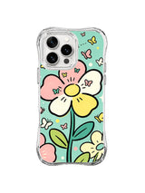 Mint Butterfly Daydream: A large pink, cream and yellow flower grows on mint among tiny butterflies.