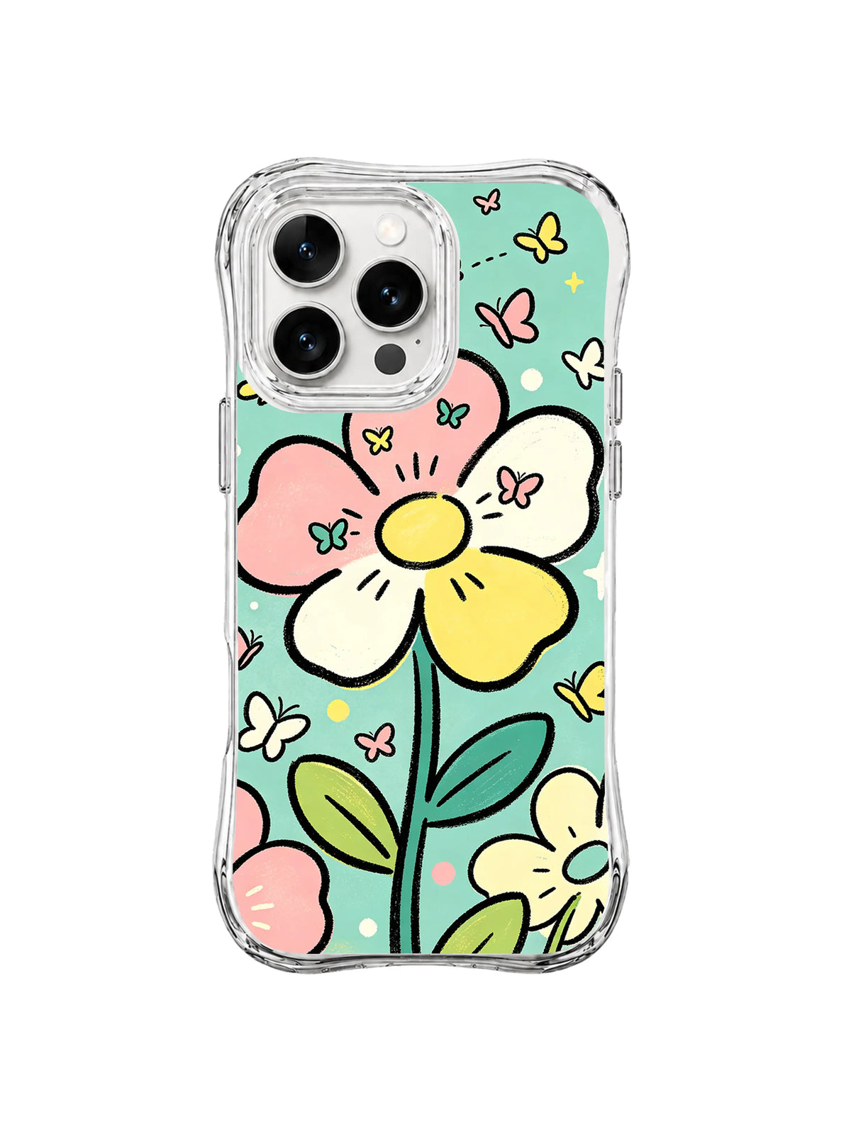 Mint Butterfly Daydream: A large pink, cream and yellow flower grows on mint among tiny butterflies.