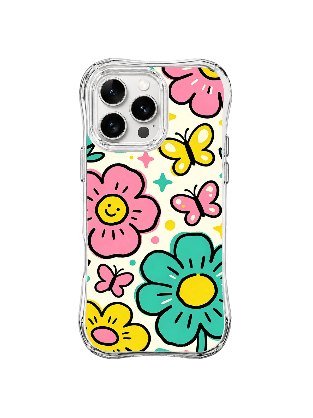 Smiling Bloom Wishes: Smiling pink and teal flowers mix with yellow and pink butterflies and small sparkles.