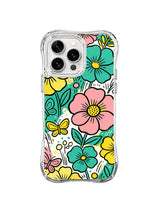 Turquoise Petal Flight: Teal, pink and yellow blossoms fill a leafy field with several small butterflies.
