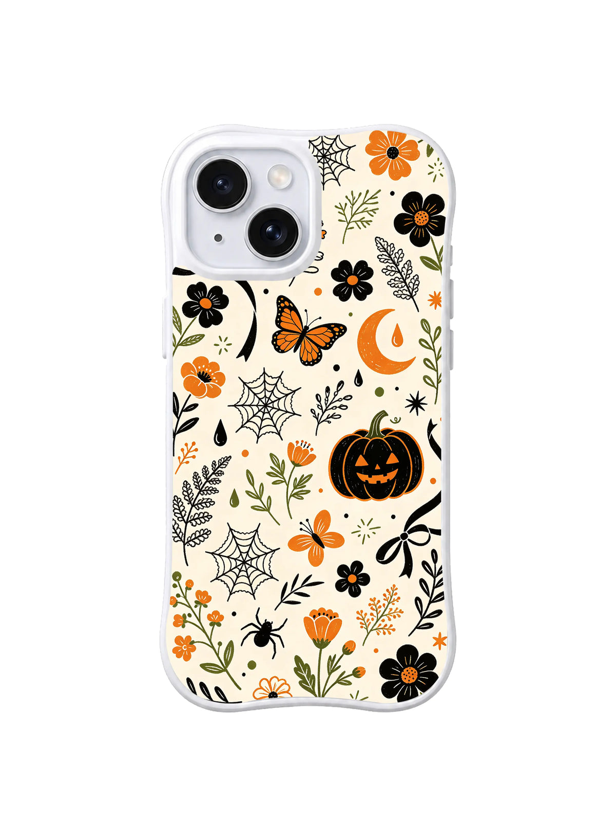 Butterfly Pumpkin Lace Garden pattern on a white iPhone 14 case