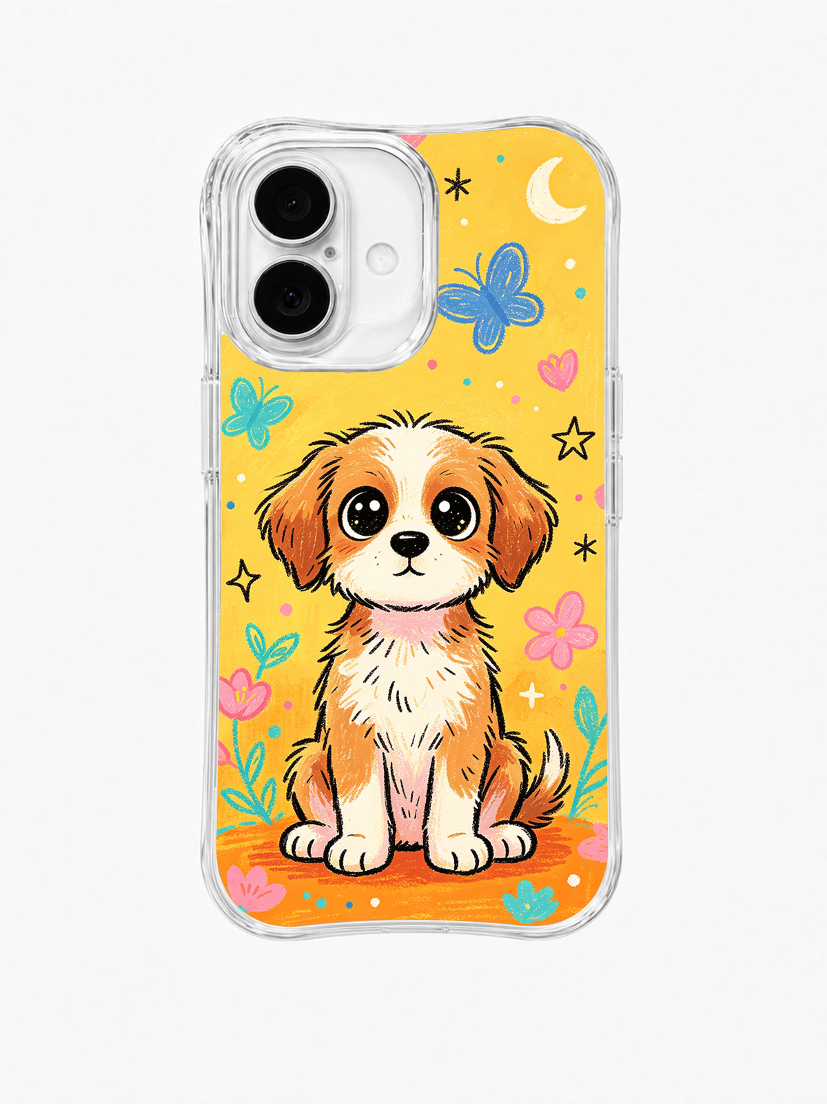 Butterfly Puppy illustrated iPhone 16 Plus case front view