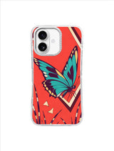 Large turquoise and plum butterfly crossing a cream-banded side entrance on coral red