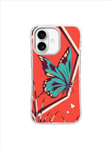 Angular turquoise butterfly entering a tilted diamond opening on a coral iPhone case