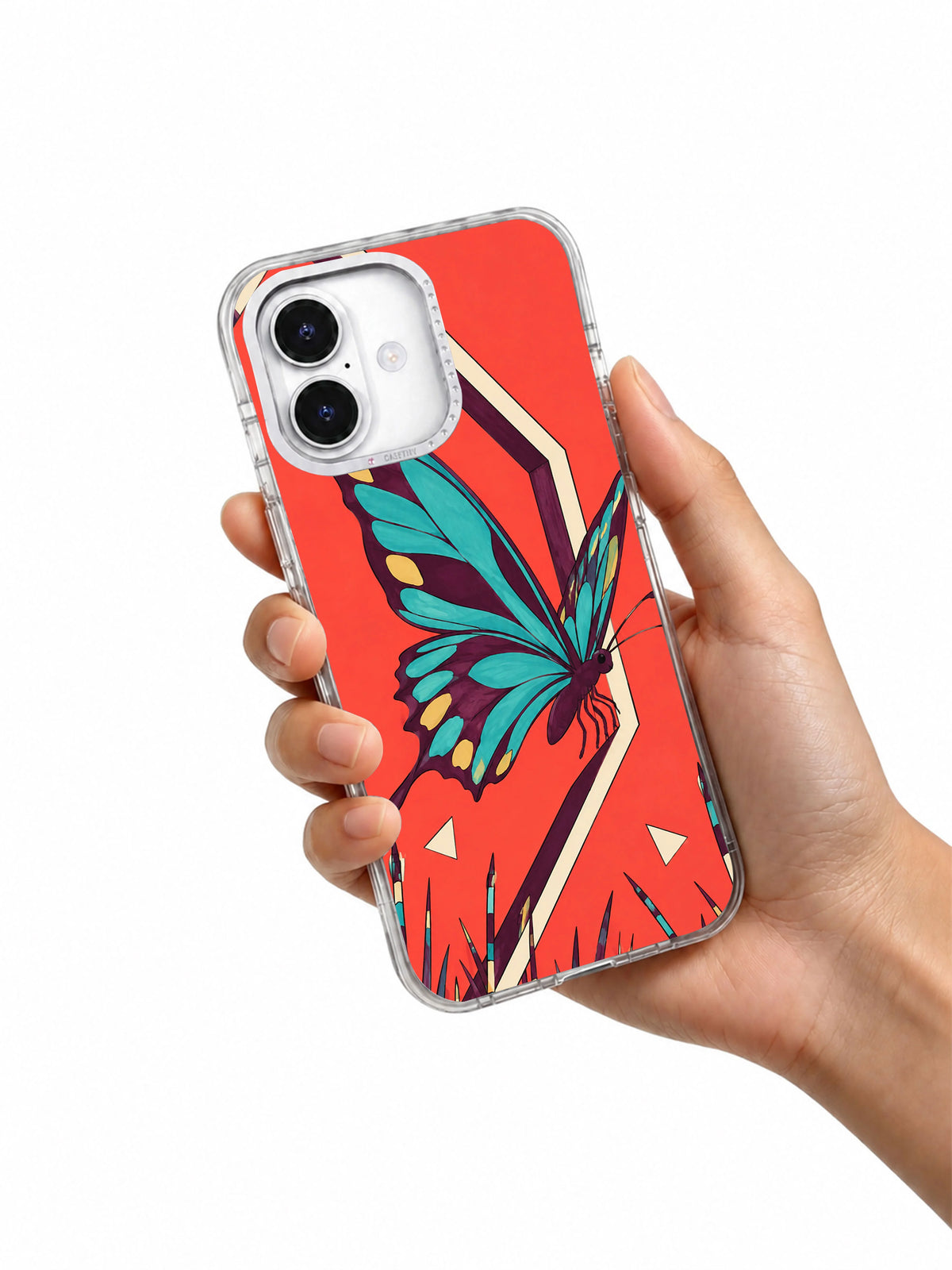 Butterfly at the Side Entrance iPhone 17 case shown naturally in hand