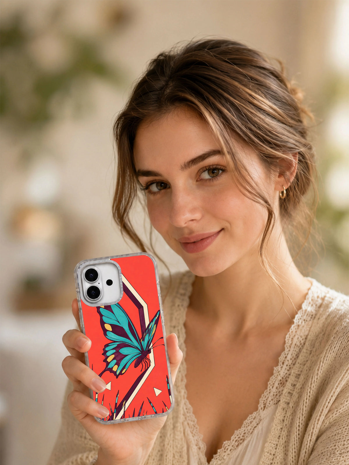 Lifestyle portrait showing Butterfly at the Side Entrance iPhone 17 case