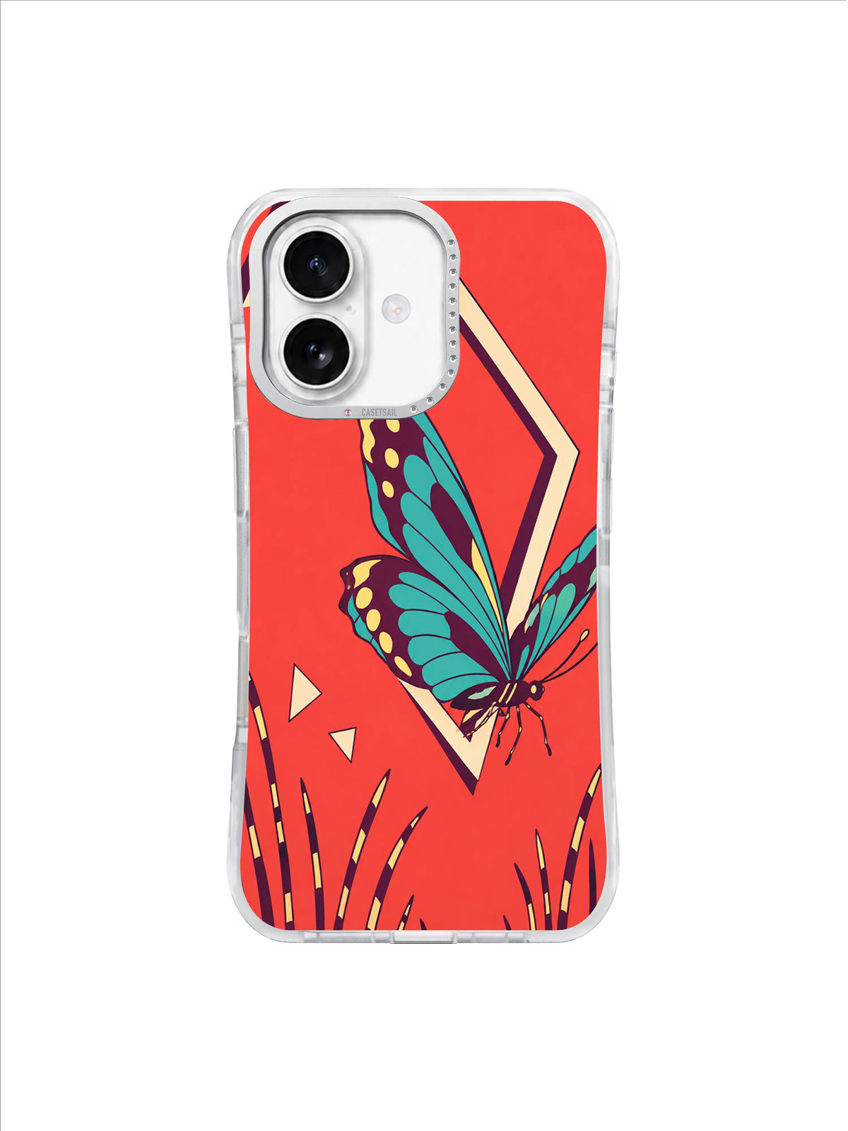 Turquoise butterfly carrying blank tickets beside striped reeds on a coral phone case