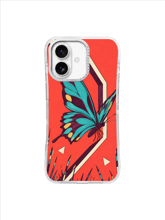 Turquoise butterfly slipping through a tilted cream and plum doorway on a coral iPhone case