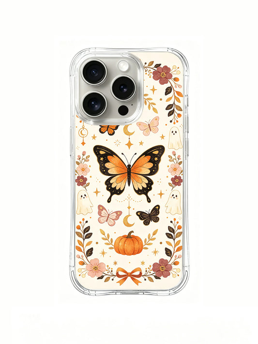 Butterfly Spell Harvest iPhone 14 Pro case front view with monarch butterfly, flowers and pumpkin