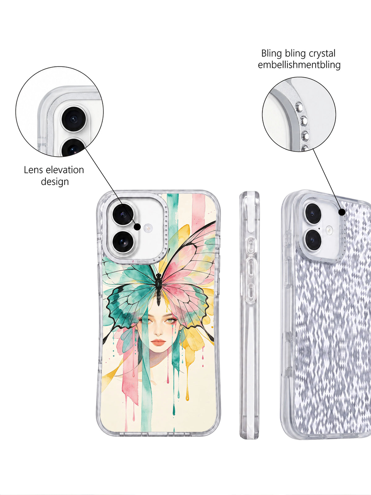 Butterfly Voltage iPhone 17 case rhinestone camera frame