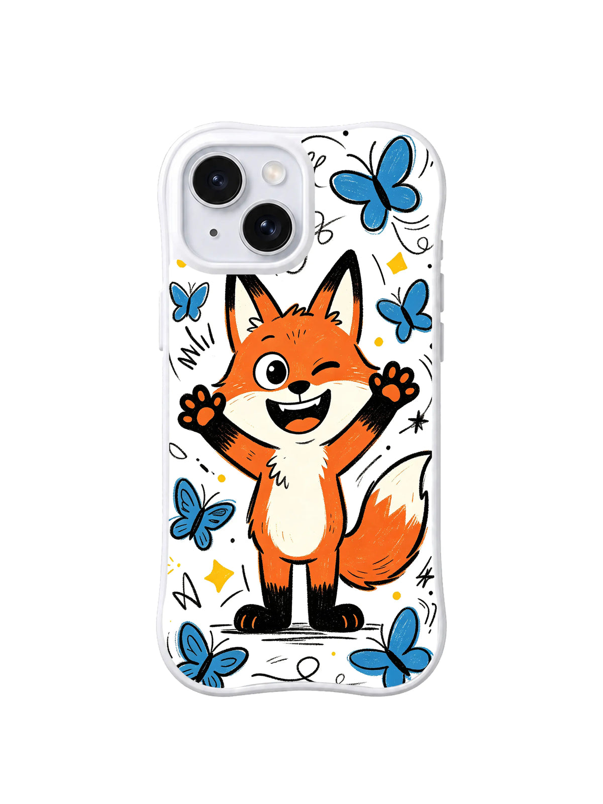 Butterfly Wink Fox iPhone 13 case with happy orange fox raising its paws among blue butterflies